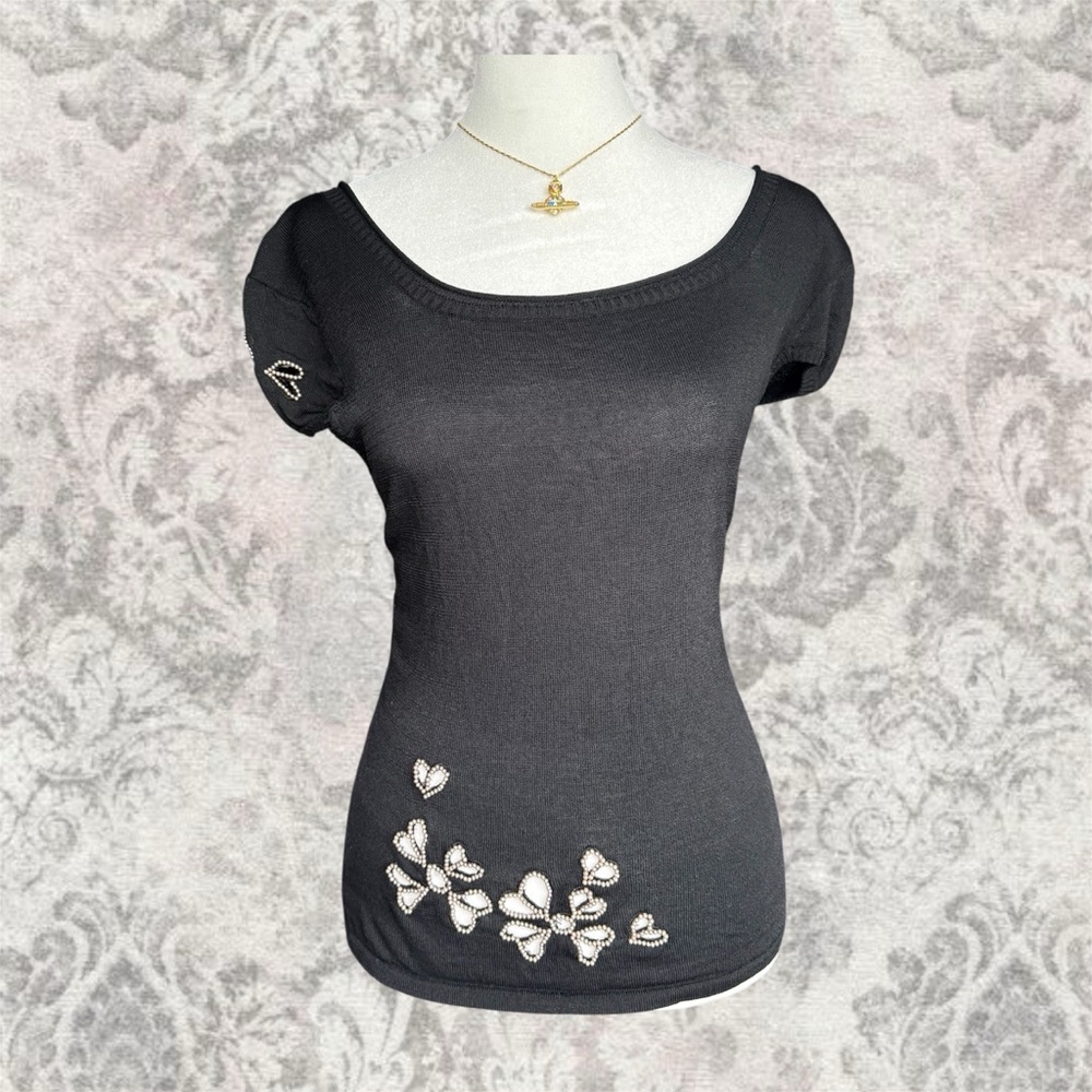 Black Beaded Floral Whimsigoth Vintage Ribbed Women’s Small Cutout Tee